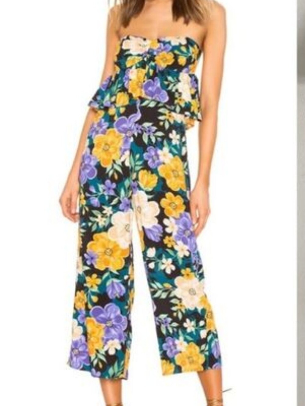 Tularosa Floral Cropped Jumpsuit Size XL Strapless Ruffle Bodice Wide Leg Spring